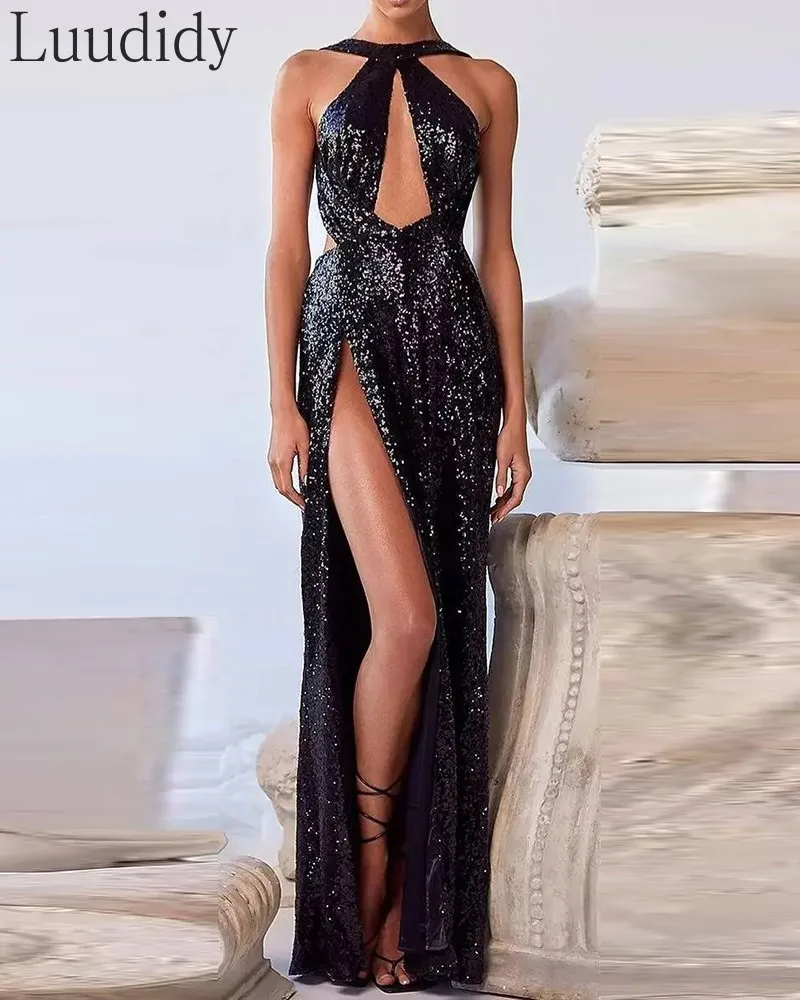 Women Sexy Cold Shoulder Backless High Slit Maxi Sequin Party Dress