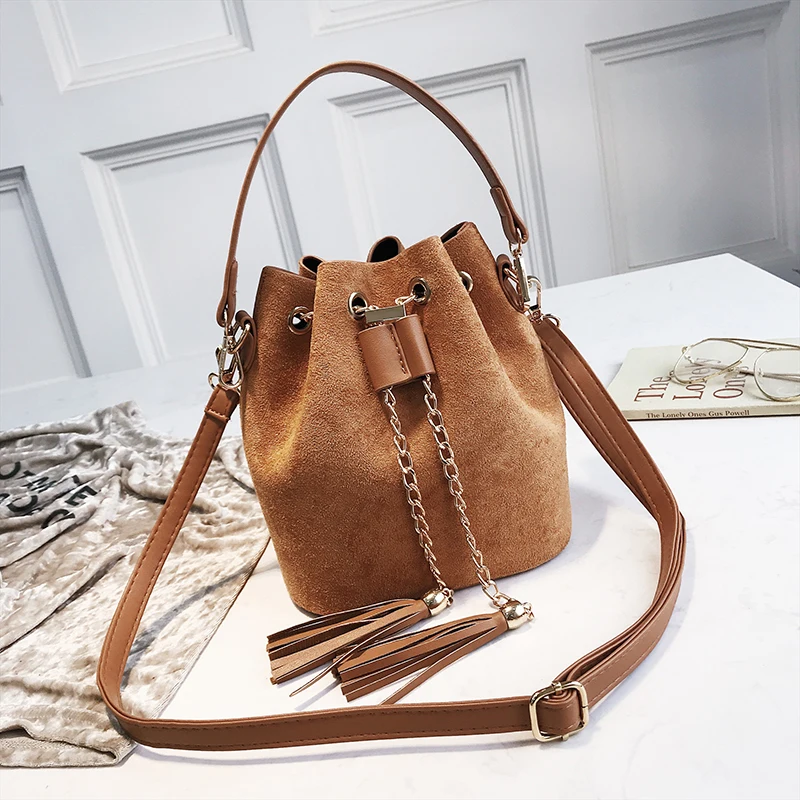 

2020 Women Suede Shoulder Bags Tassel Bucket Bags For Girls Crossbody Bags Women's Handbag Purse Sac A Main Femme High Quality