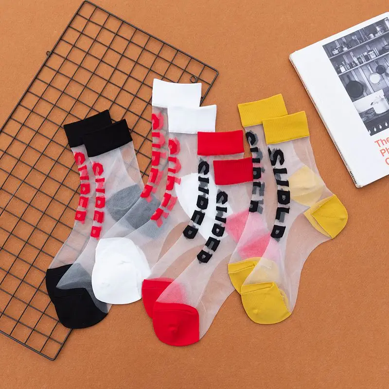 

2020 Summer Hot Sale Socks Women Transparent Socks English Pattern SUPER Lace Thin Fashion Breathable Gauze Cotton Colorful