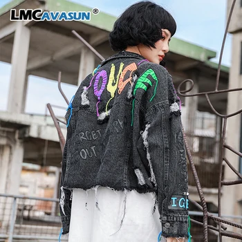 

LMCAVASUN Black Blue Women Denim Jacket 2020 S/S Women Holes Jacket With Rivet Female Letter Printed Jacket Coat