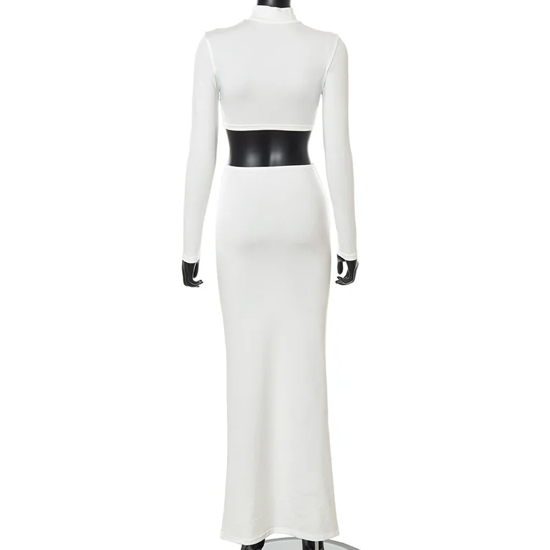 Cryptographic Elegant White Long Sleeve 2 Piece Set Outfits for Women Club Party Top and Dress Sets Long Ruched Matching Sets designer suits