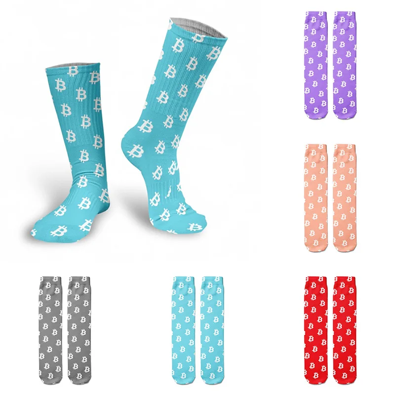 Colorful Bitcoin Currency Cotton Socks For Women Unisex 3D Printed Street Hip Hop Straight Socks Cryptocurrency High Knee Socks