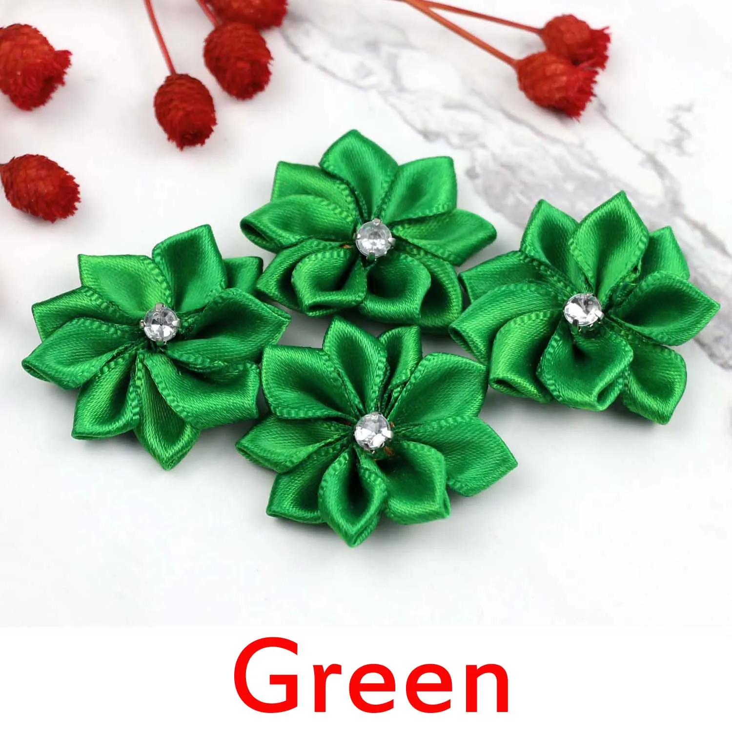 Lulang Pack of 50 Green Satin Ribbon Flowers 1.18 Inch for Craft Wedding Sewing Embellishment Appliques