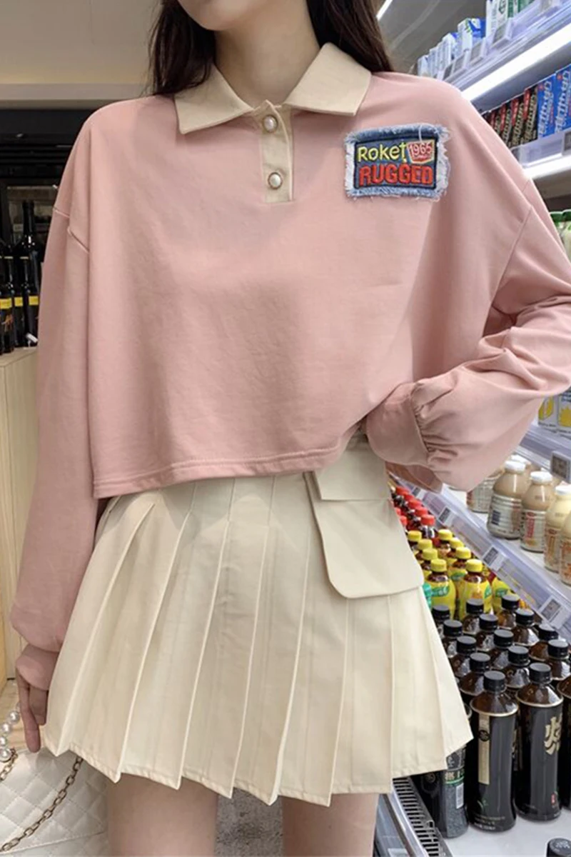 New Female Hoodie Korean Loose POLO Collar Short Spring and Autumn Long sleeve Hoodie Sweatshirt& High waist Girls Skirt