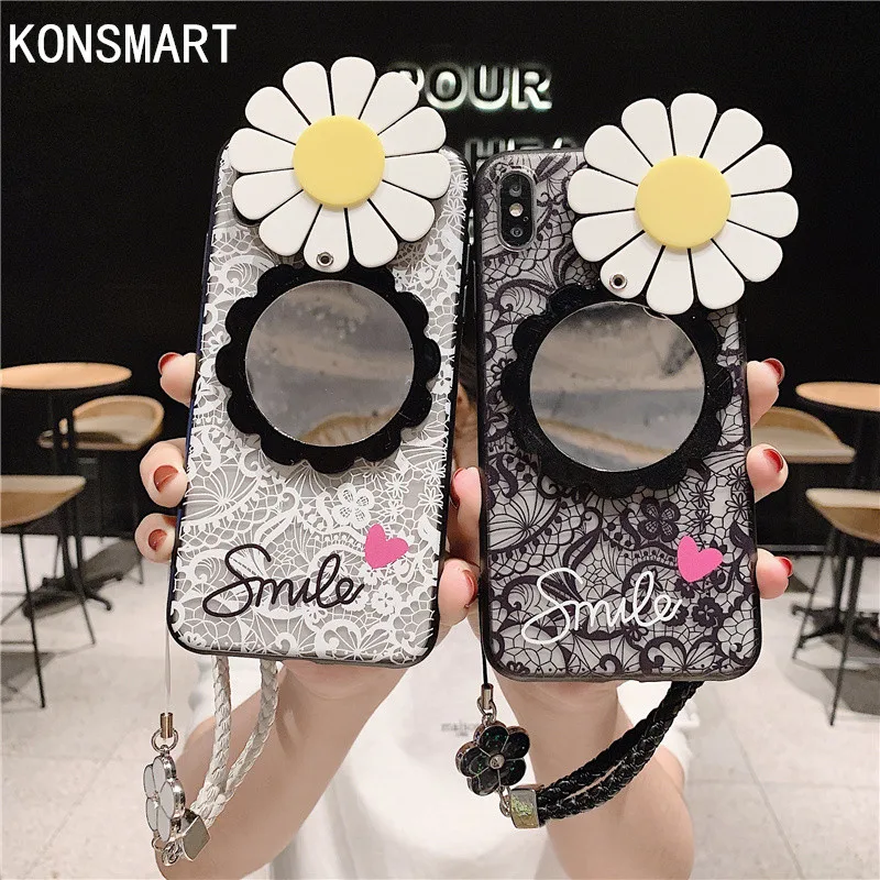 

Lace Soft Phone Case For Xiaomi Redmi Note 8T Note 8 Pro Note8 Case Fashion Sun Flower Mirror Cartoon Back Cover Funda with Stap