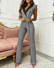 

Donsignet Fashion New Houndstooth Long Jumpsuit Women Elegant Office Lady Casual Womens One Piece Outfit