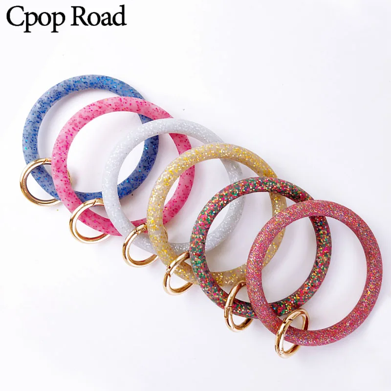 Cpop Trendy Silica Gel Wristlet Key Chains Bangle Geometric Hollow Circle Glitter Car Keychain Fashion Women Accessories Gifts