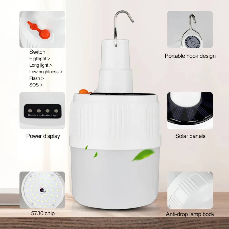 

LED Emergency Light 5 Mode Solar lamp LED Bulbs Portable Rechargeable Night Light for Outdoor Camping Tent BBQ LED Solar Light