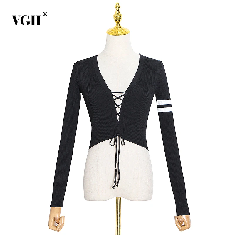 

VGH Patchwork Striped Drawstring Sweater For Women V Neck Long Sleeve Lace Up Bowknot Short Slim Tops Female 2020 Fall Fashion