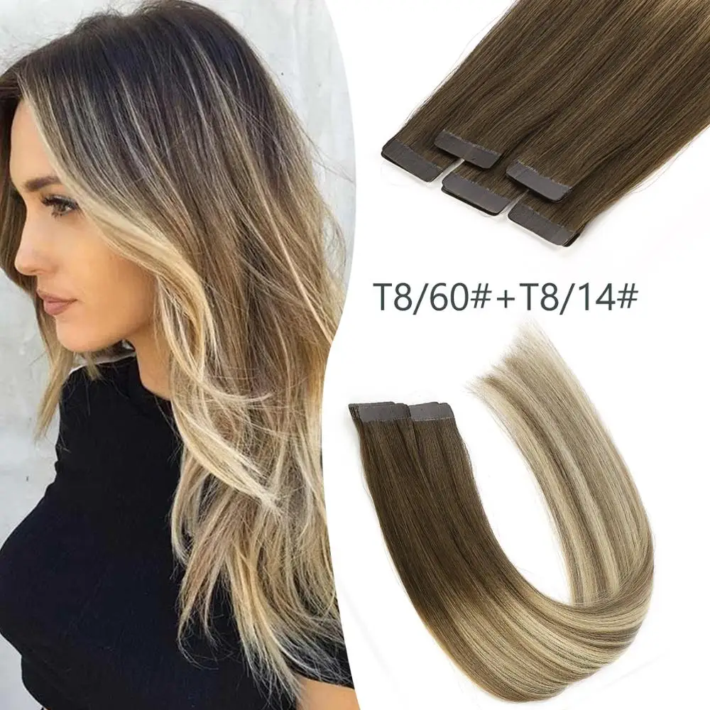 K.S парики 20 'ƈ 5 г/шт. цветная лента для наращивания волос Remy Skin Weft T8/60 + T8/14 #|Пряди