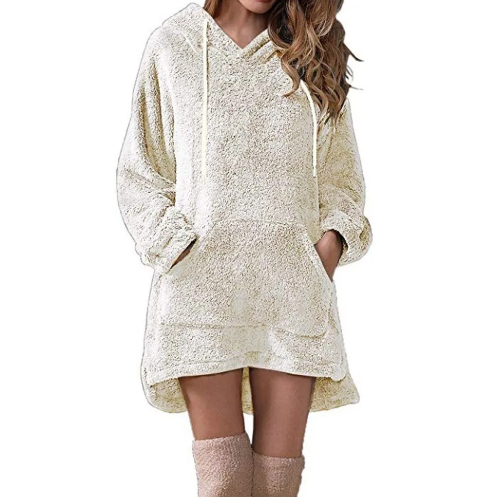 

Fleece Warm Winter Track Hooded Pocket Used Trui Dress Women Solid Slim Plus Size Long Trui Breien Jumper z0826