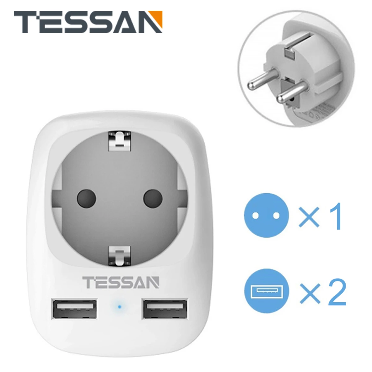 TESSAN USB Socket Adapter (4000W) with 2 Connections (2.4A) Double Plugs EU Wall Charger for IPhone IPad Iaptop | Электроника