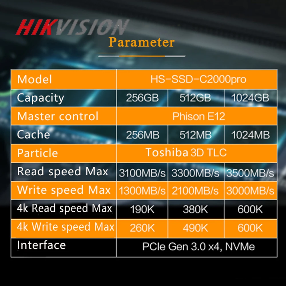 Hikvision SSD M2 512 ГБ C2000 Pro 3500 МБ/с./с NVMe Внутренние твердотельные накопители для настольного ноутбука PCIe Gen 3x4