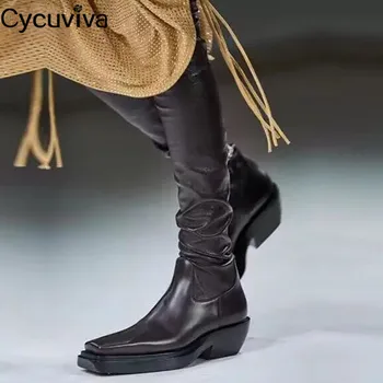 

New Black Leather Over The Knee High Boots Women Chunky Heel Mules Ladies T-show Shoes Square Toe Slim Fit Long Boots Woman