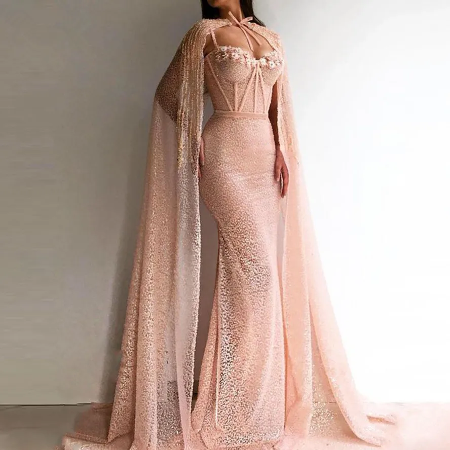 

Elegant Saudi Arabia Mermaid Evening Dress with Cape Fashion Sequined Spaghetti Blush Pink 2020 Prom Dresses Arabic Formal Gowns