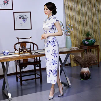 

FZSLCYIYI Blue And White Chinese Dress Qipao Cheongsam Orientale Long Modern Woman Silk Banquet Qipao Chinese Dress