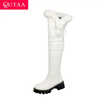 

QUTAA 2021 Over The Knee Boots Plush Lace Up Winter Women Shoes Round Toe PU Down Long Boots Square Heel Snow Boots Size34-43
