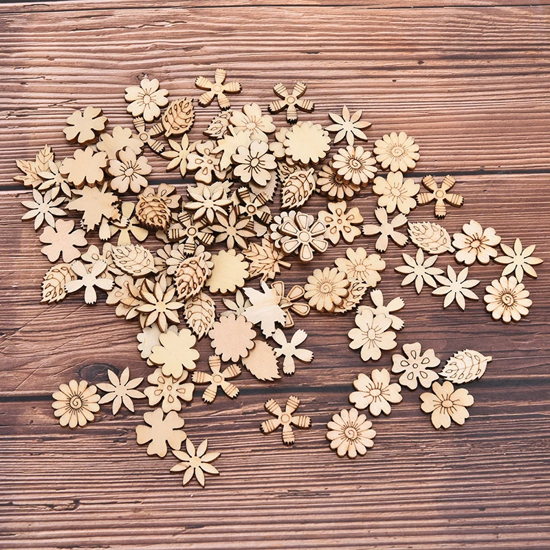 100pcs Mix Wooden Pieces Creative Flower Leaves Cutouts Slice For DIY Wooden Art Decoration Home Party Doodle Scrapbooking