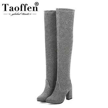 

Taoffen Trend Women Over The Knee Boots Bling Long Boots Fashion Pointed Toe Thick Heel Shoes Women Winter Footwear Size 32-43