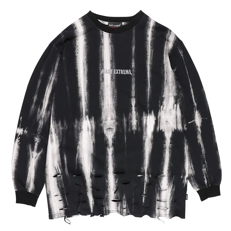 Tie Dye Distressed рваные Негабаритных Толстовки мужские хипстерские хип-хоп дыры Swag уличная Толстовка Повседневная Толстовка Топы - Цвет: Черный