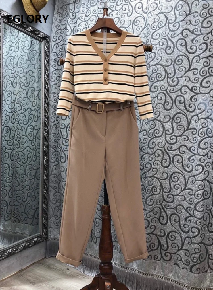 2020 Autumn Winter Fashion Clothing Sets Women V-Neck Striped Patterns Sweaters+Calf Length Pants & Capris Sets Casual Work Suit 2020 Autumn Winter Fashion Clothing Sets Women V-Neck Striped Patterns Sweaters+Calf Length Pants & Capris Sets Casual Work Suit
