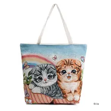 Canvas Shopping Bag Two Cute Cats Jacquard Canvas Handbag Shoulder Bag Embroidered Butterfly Rainbow Tote Shopping Bag