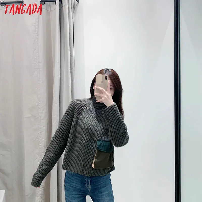 Tangada, женский свитер с воротником-хомутом, с карманами, amygreen, тянущийся,, зимний теплый милый свитер с оборками, вязанный Топ 3H146