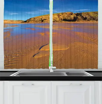 

Pale Cinnamon Sky Blue Footprints The Sand Kitchen Curtains Shallow Water Waves Perranporth Beach Sunny Day Window Drapes