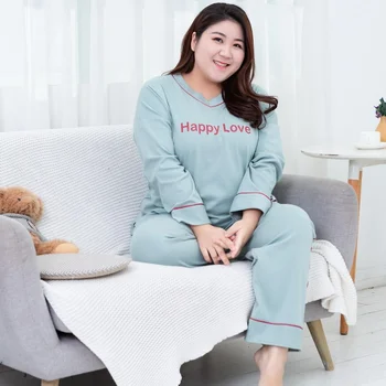 

Free shipping 2019 women's autumn and winter 100% cotton V-neck pullover pajamas set long-sleeved trousers XL home service