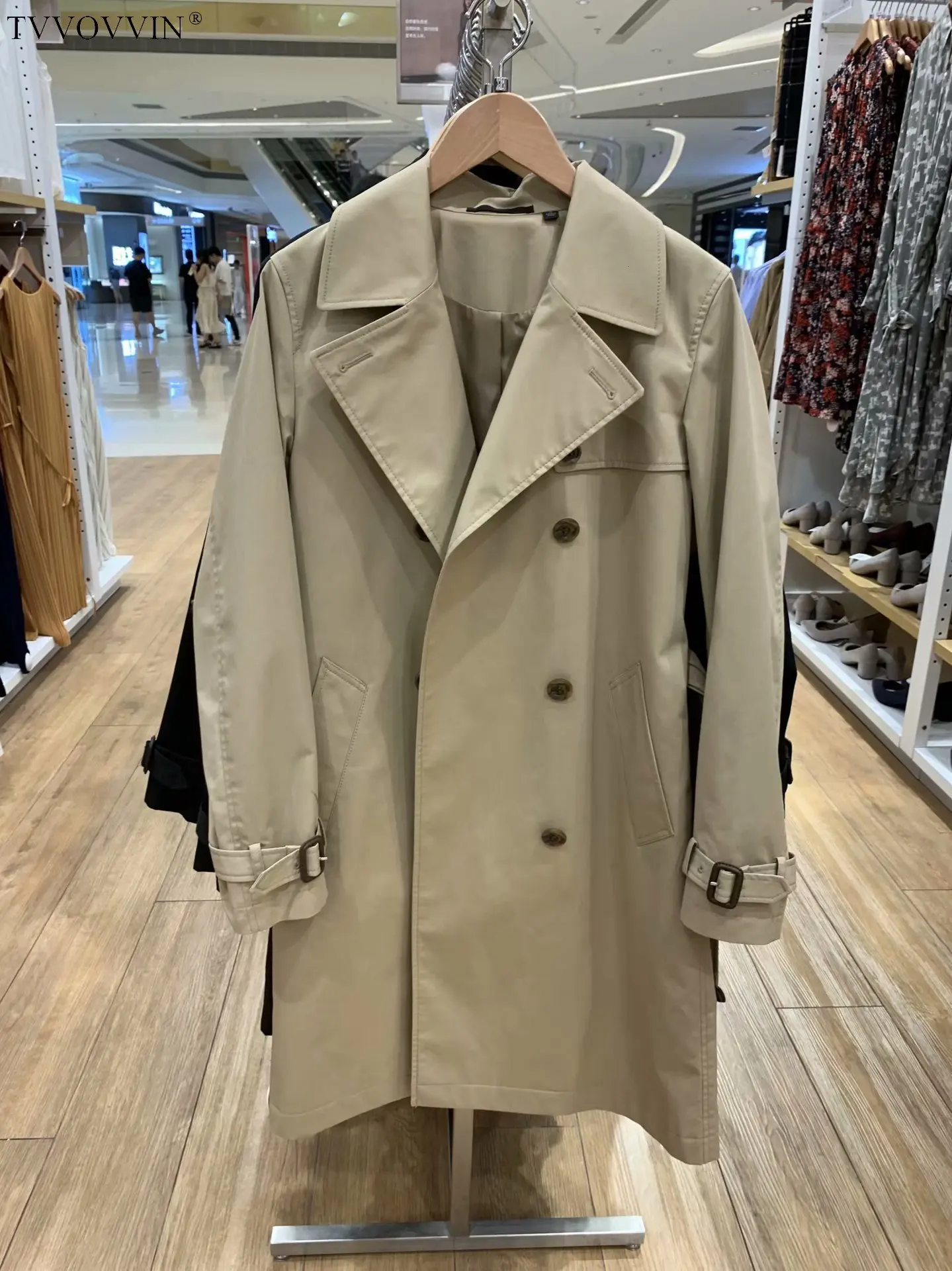 TVVOVVIN Autumn Three-colour Classic Autumn Long Fund Solid Color Match Belt Windbreaker Both Row Buckle Loose Coat Woman ZX128