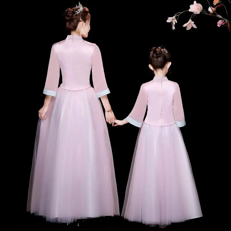 Комплект одежды для мамы и дочки, Qipao Hanfu/ г. Весеннее розовое платье комплект из 2 предметов: топ+ юбка одинаковые комплекты для семьи J57