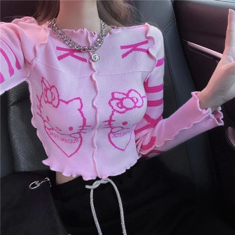 

Cartoon Sanrioed Anime Hellokitty Knitted Top Ins Girl Heart Kawaii Sexy Short Section Navel Casual Long-Sleeved Top Holidaygift