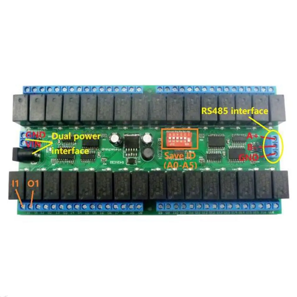 

High Precision DC 12V 32 Channels Modbus RTU RS485 Bus Relay Module UART Serial for PLC LED Home Automation Door Lock
