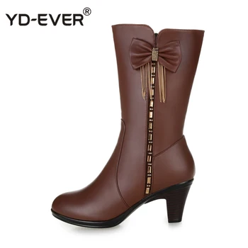 

New Rhinestones Bow genuine leather boots Winter Shoes Woman Snow Boots 2018 Large Size High Heels Knee High Boots Women Boots