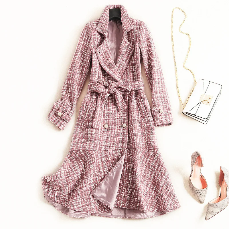 Long Woolen Coat Female Winter Fashion Slim Plaid Ruffled Single-breasted Female Coat J10081