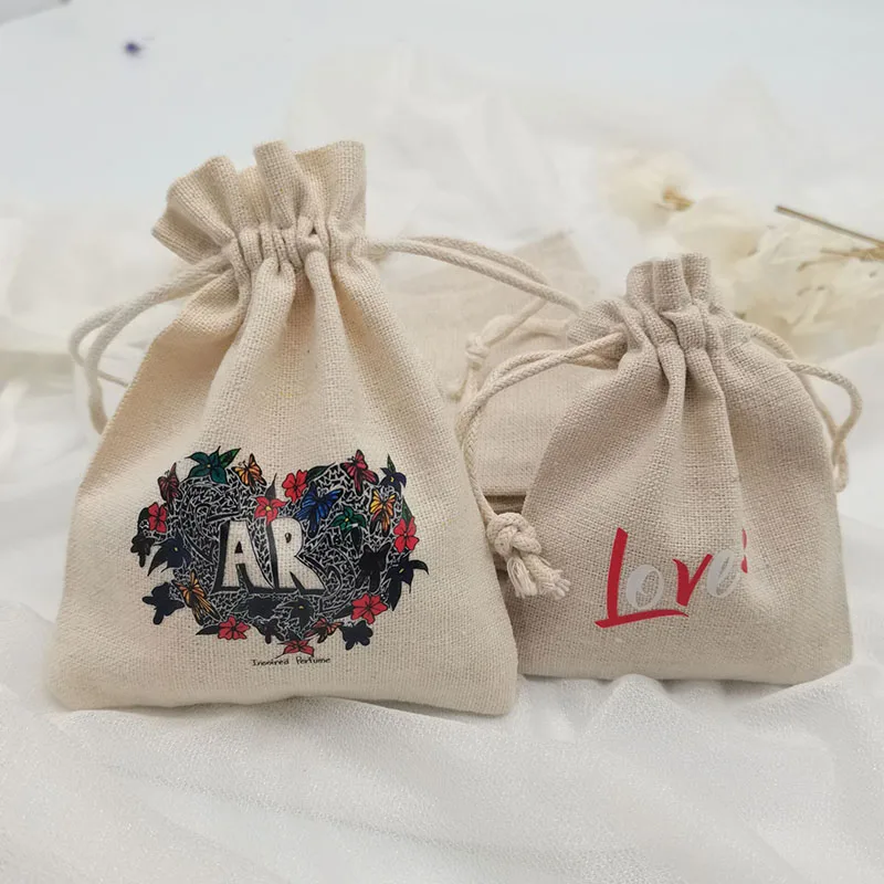 50 100pcs Customized Colorful Logo Natural Cotton Linen Big Gift Bags 17*23CM 20*30CM  Sack Makeup Jewelry Drawstring Pouches