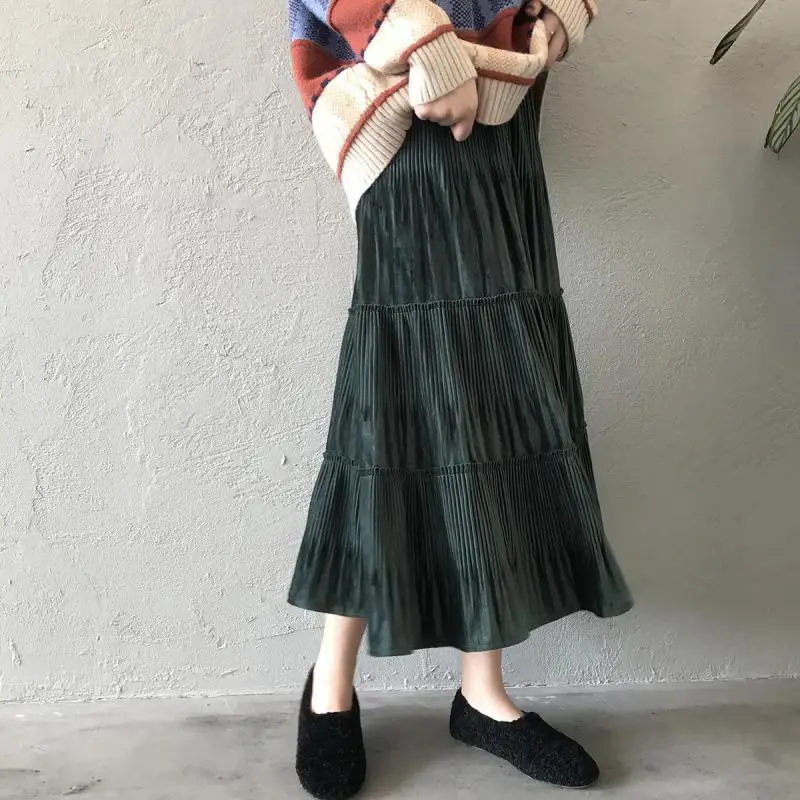 Womens Skirts Gold Velvet Pleated Skirt 2019 Autumn Winter New Korean Version Of The High-waisted Long Skirt Women Street Style