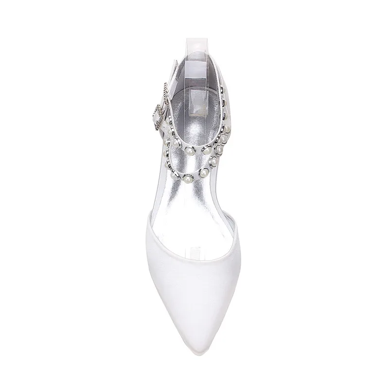 OnnPnnQ Women Satin Pearls Wedding Flats for Bride Pointed Toe Double Ankle Buckle Strap Formal Party Dress Flat Shoes Women