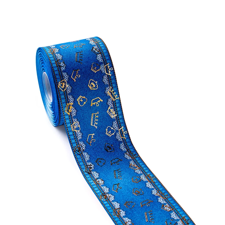 Winsome 75mm 3inch 50yard gold foil print noble crown thermal transfer printe grosgrain ribbon for some festival