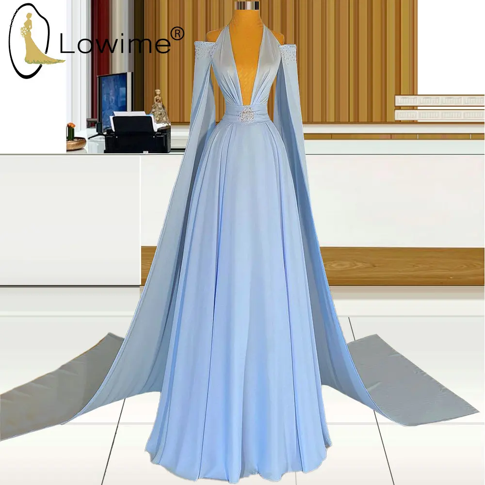 

2021 Elegant Ligh Blue A Line Evening Dresses Sexy Deep V Neckline Evening Gowns with Long Cape Robes De Soiree
