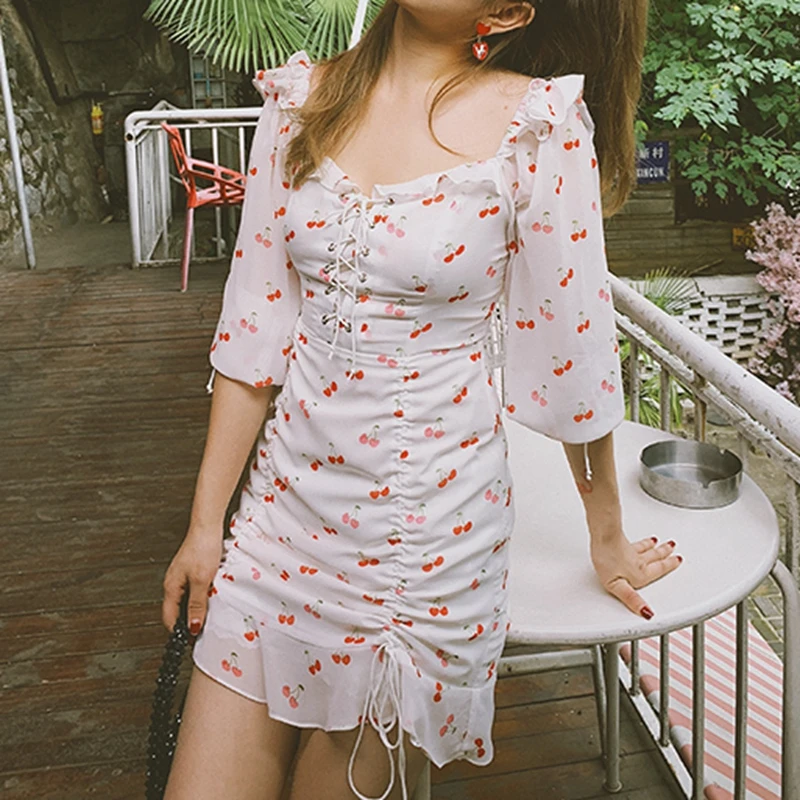 Милое kawaii красное платье с принтом вишни белое платье элегантные кружевные буффы на рукавах корейское летнее платье