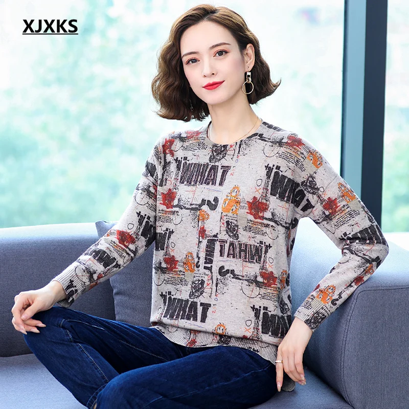 

XJXKS High-end wool knitted sweater women pullover 2022 spring autumn new loose plus size women printed sweater