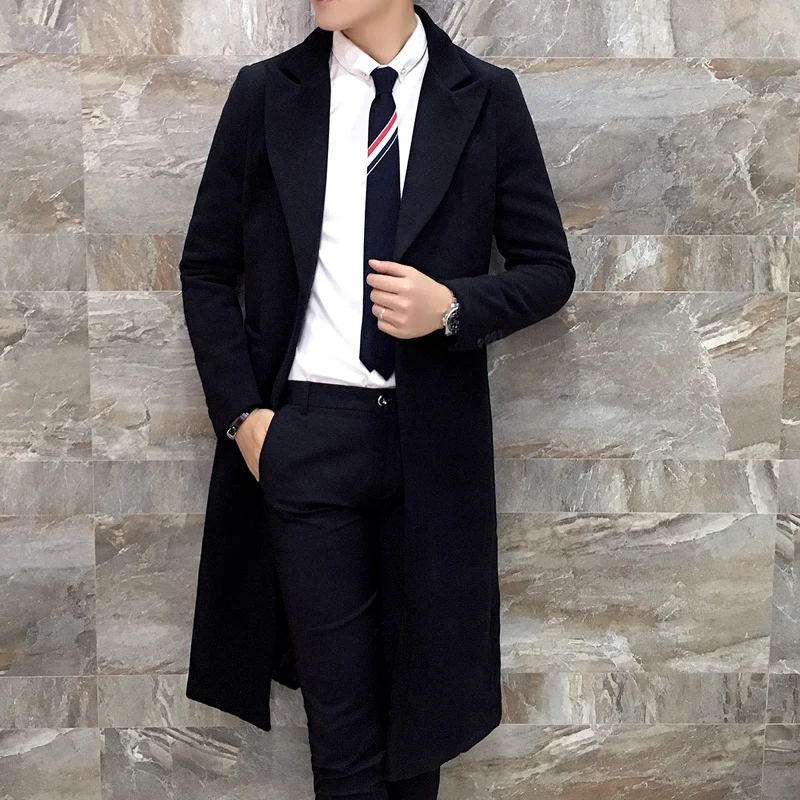 Осенне-зимнее мужское Длинное Пальто однобортное шерстяное пальто с ...