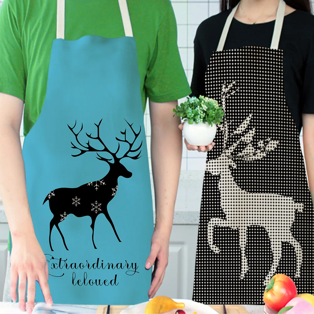 Antifouling Kitchen Apron Christmas Elk Cotton Linen Sleeveless man women Chef Cooking Aprons Kitchen accessories 68*55cm 0024