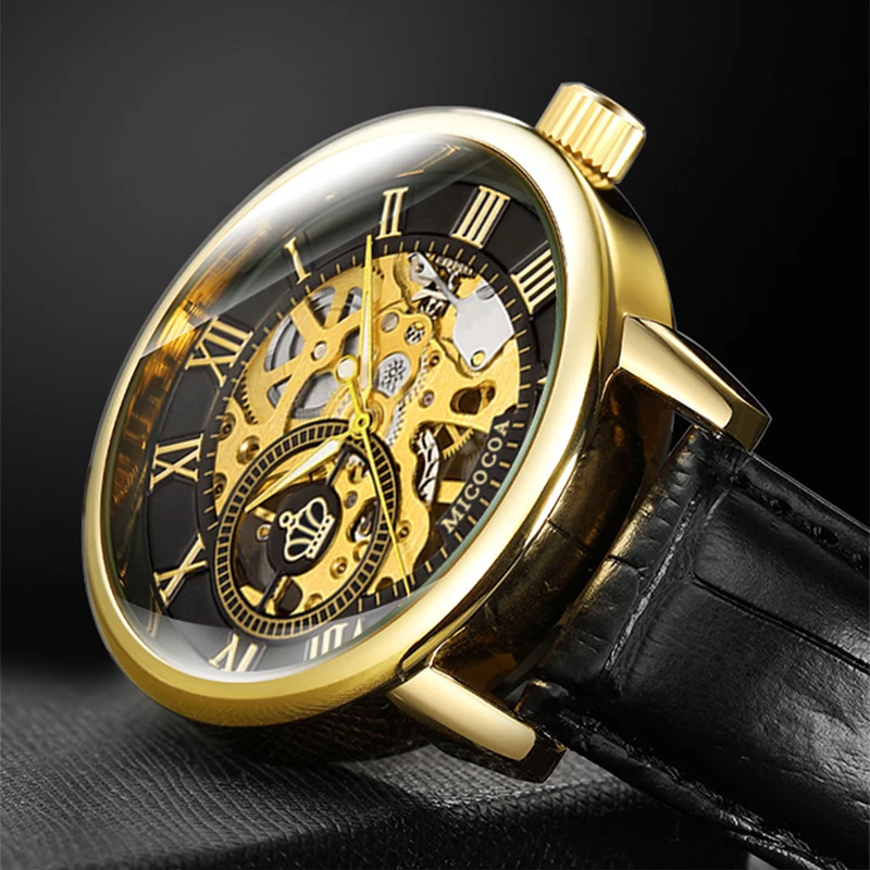 

MICOCOA Original 3d Design Hollow Engraving Black Gold Case Leather Skeleton Mechanical Watches Men Luxury Brand Heren Horloge