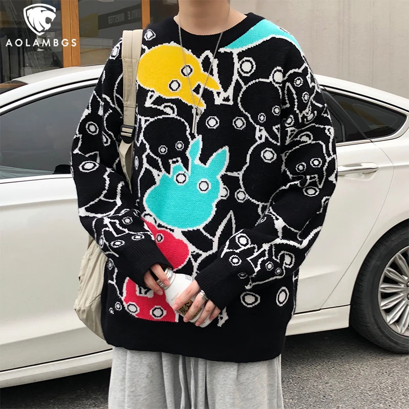 

Aolamegs Men's Harajuku Sweater Autumn Casual Hong Kong Style Knittedwear Winter Loose Knitted Pullovers Fashion Oversize Tops