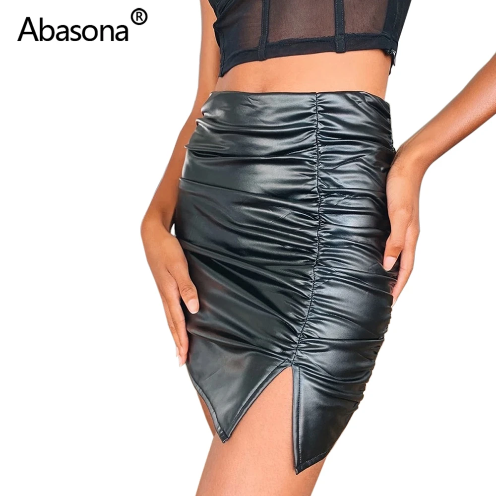 Abasona, черная юбка-карандаш с высокой талией из искусственной кожи, Осень-зима, повседневные, рабочие, с разрезом, с рюшами, Сексуальные облегающие мини-юбки