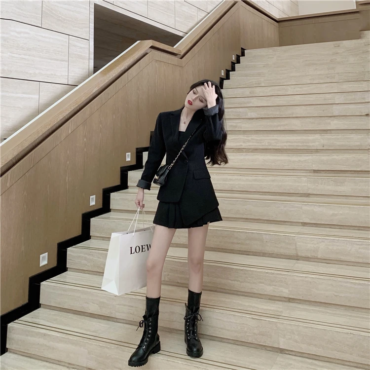 Осенняя одежда, стиль, Hong Kong Flavor CHIC Charade, однотонный костюм, куртка+ плиссированная юбка с высокой талией, комплект из двух предметов, 8930
