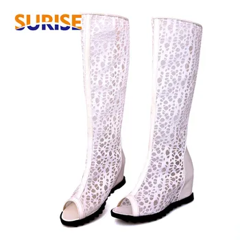 

Woman Summer Boots High Flat Wedge Heel Height Increased Peep Toe Sexy Party Club Embroidery Lace Mesh Knee High Zip Long Boots