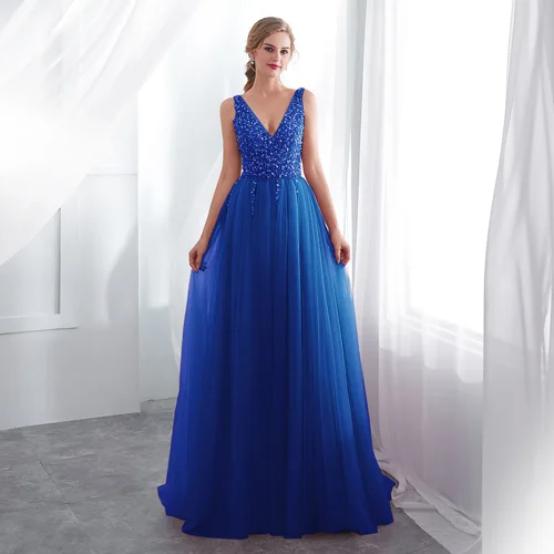 Бисерное платье для выпускного V образным вырезом розовый высокое Разделение шелковое платье, свадебное платье, вечернее платье без рукавов трапециевидной формы на завязке с открытой спиной Vestido De - Цвет: Синий